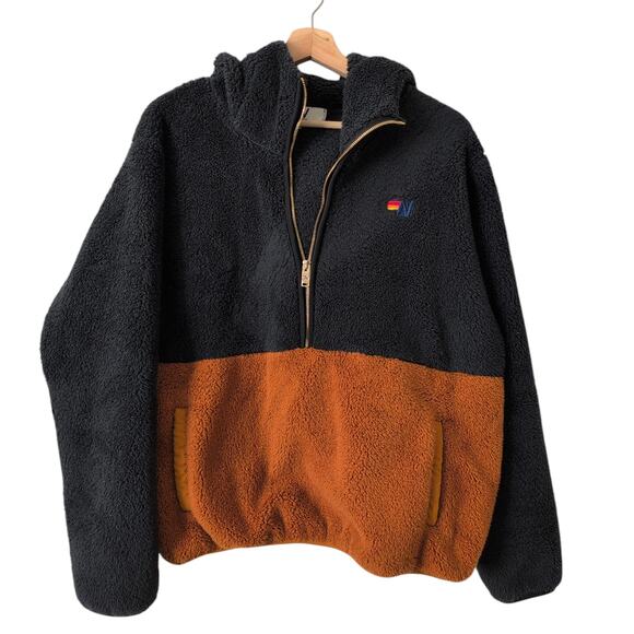 Aviator Nation Teddy Unisex Hooded Half Zip Color Block Jacket Brown Medium - Picture 2 of 7